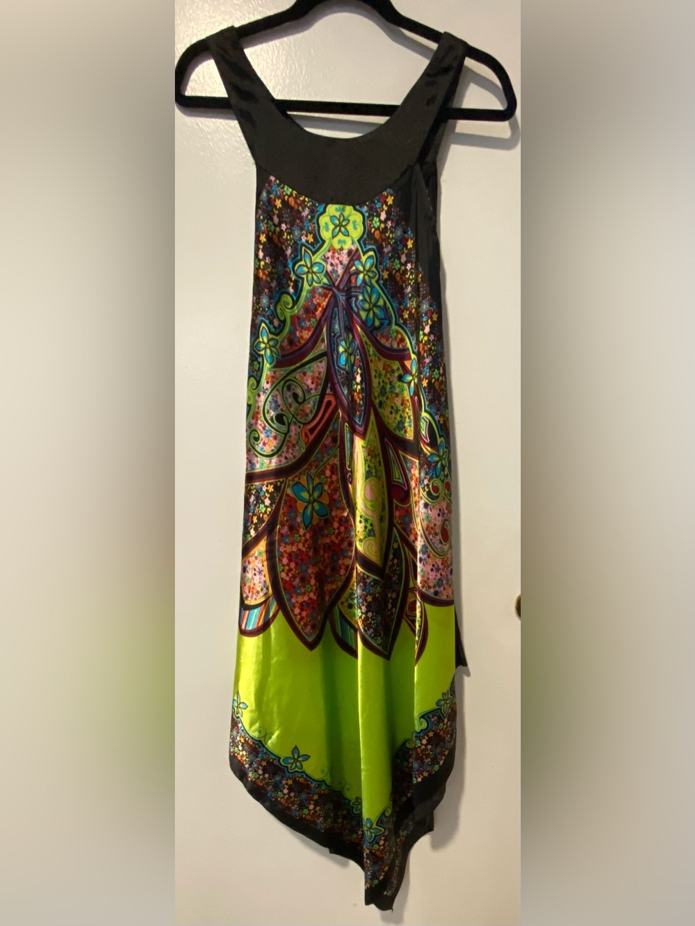 Vibrant Paisley Neon Green Handkerchief Hem Dress, unlabeled